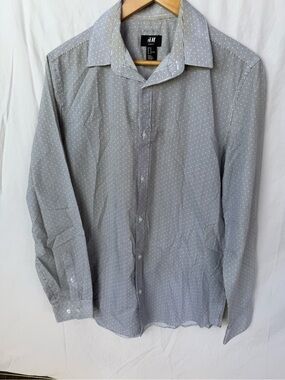 H&M Men's Gray Button-Down Shirt with White Microdots